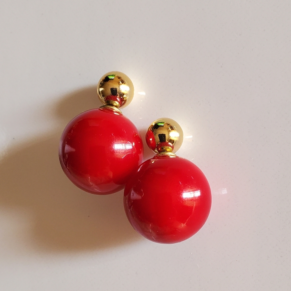 Red and Gold Double Ball Earrings